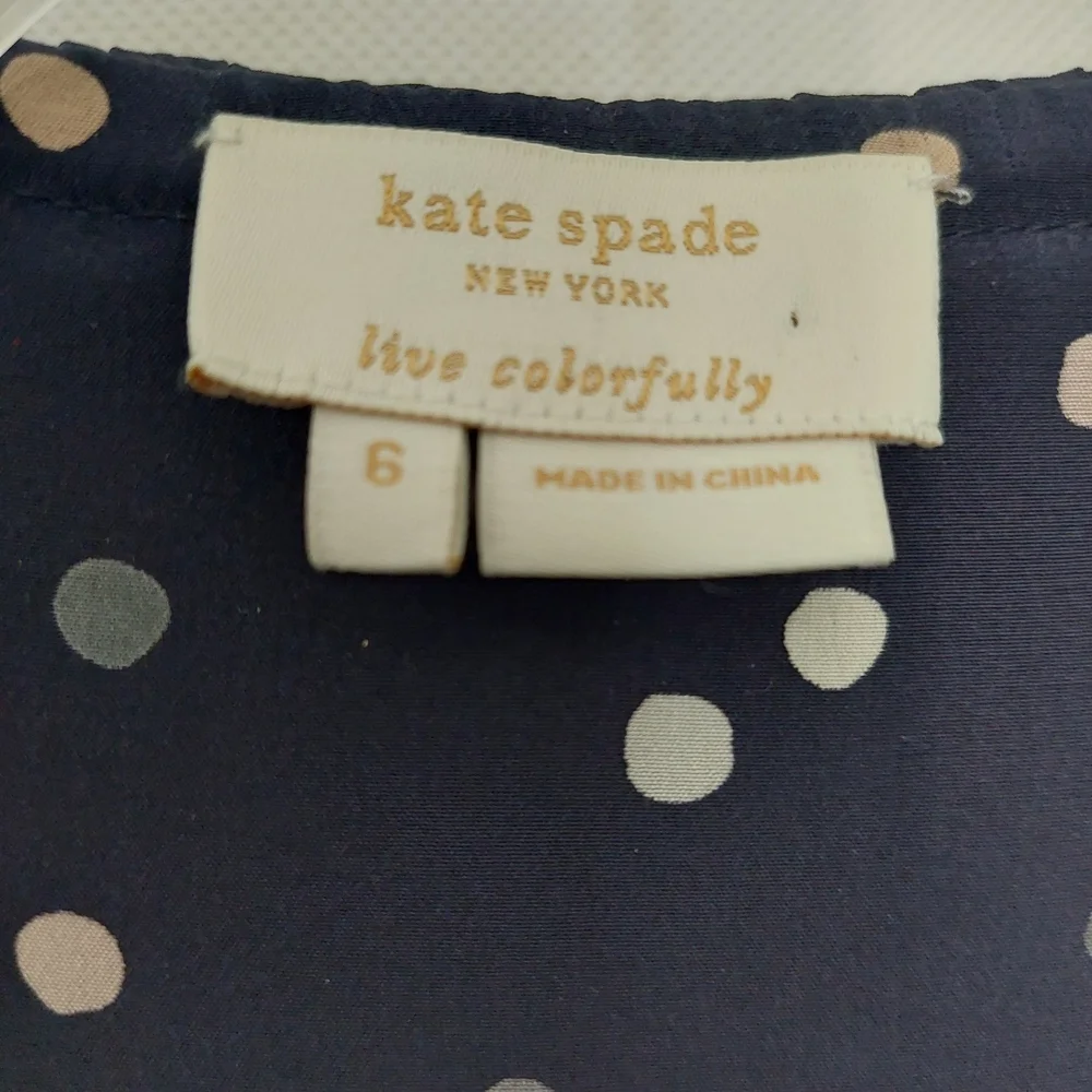 Kate Spade Lynette Navy Polka Dot Blouse with Ruffle Neck